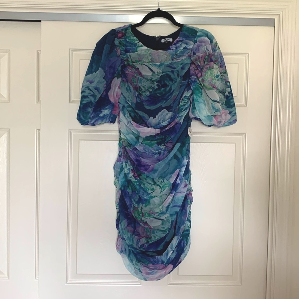 Chi Chi London Puff Sleeve Floral Print Mini Dress Women’s UK 10 Blue and Purple